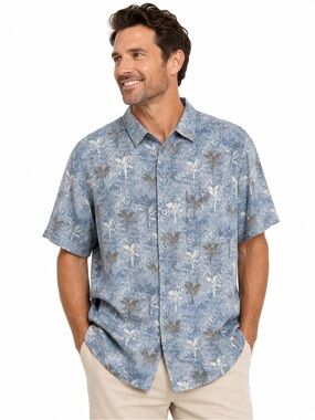 Weekender Silk Hawaiian Shirt Mens Large Blue Tropical Button Up